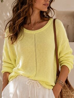 NWOT Talbots Yellow 100% Pima Cotton Knit Relaxed Crew Neck Sweater US L